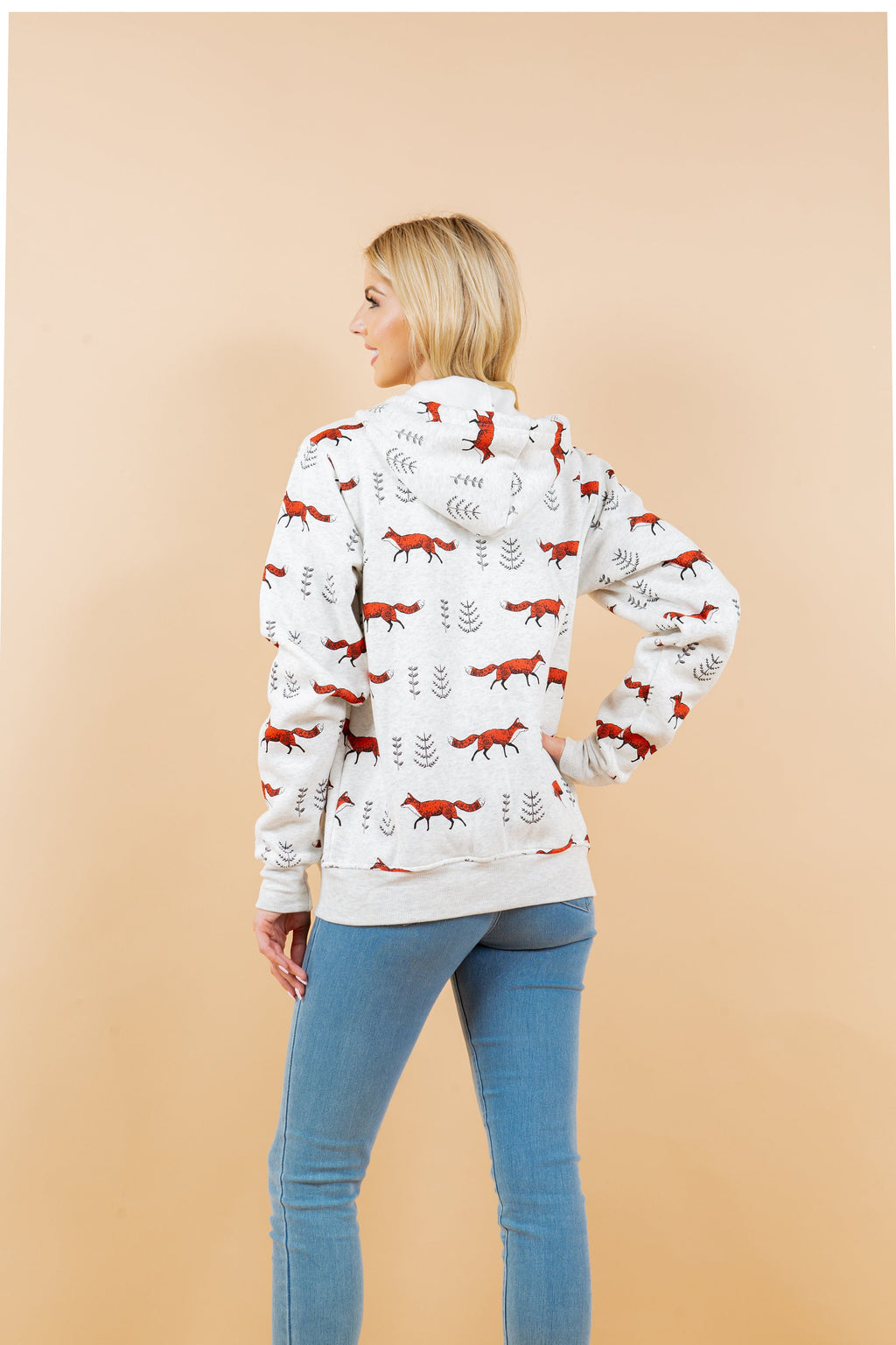Fox Print Fleece Hoodie: Women's Cotton-Blend Animal Zippered Sweatshirt