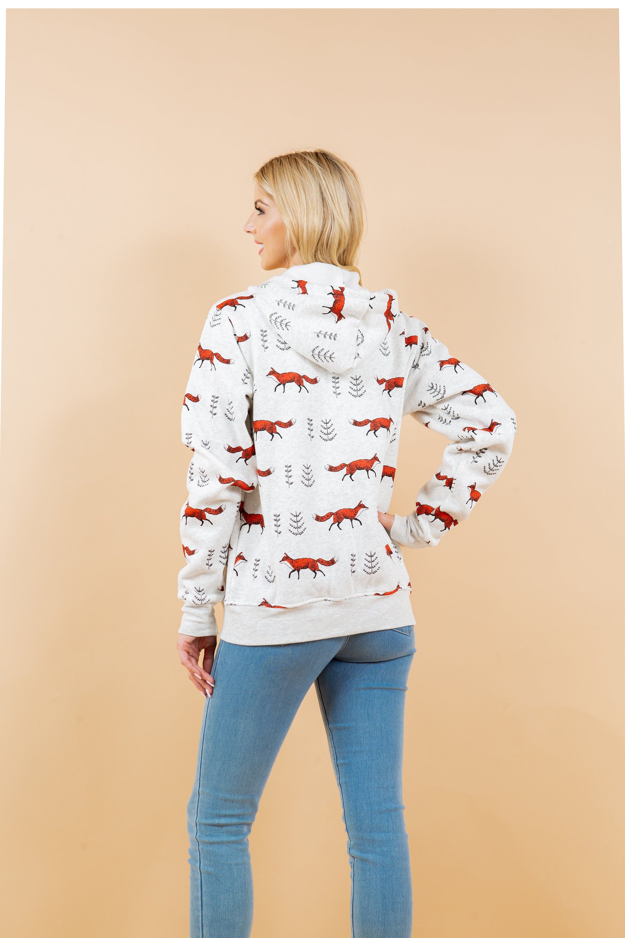 Fox Print Fleece Hoodie: Women's Cotton-Blend Animal Zippered Sweatshirt