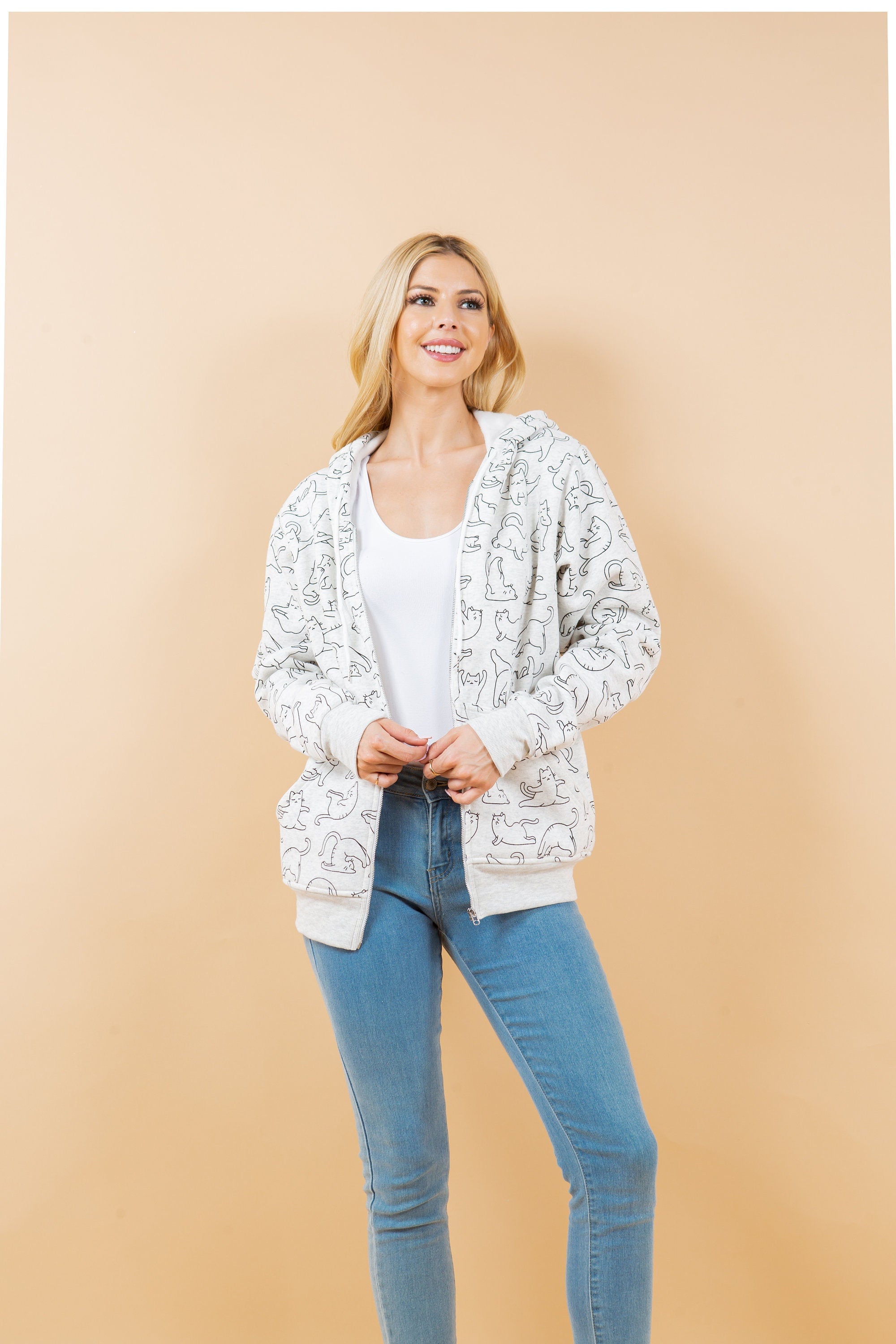 Yoga Cat Print Hoodie: Cotton-Blend Fleece Jacket