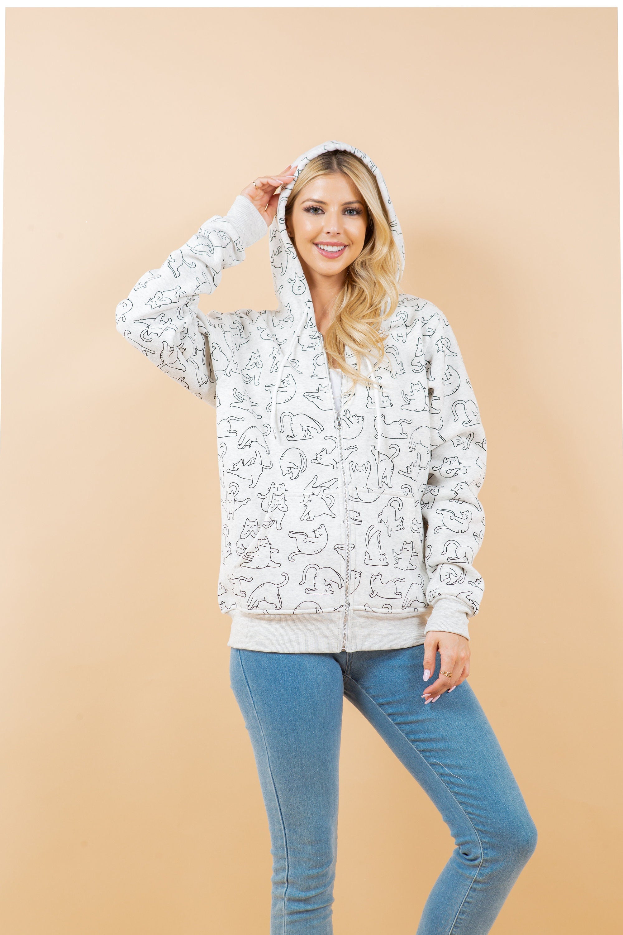 Yoga Cat Print Hoodie: Cotton-Blend Fleece Jacket