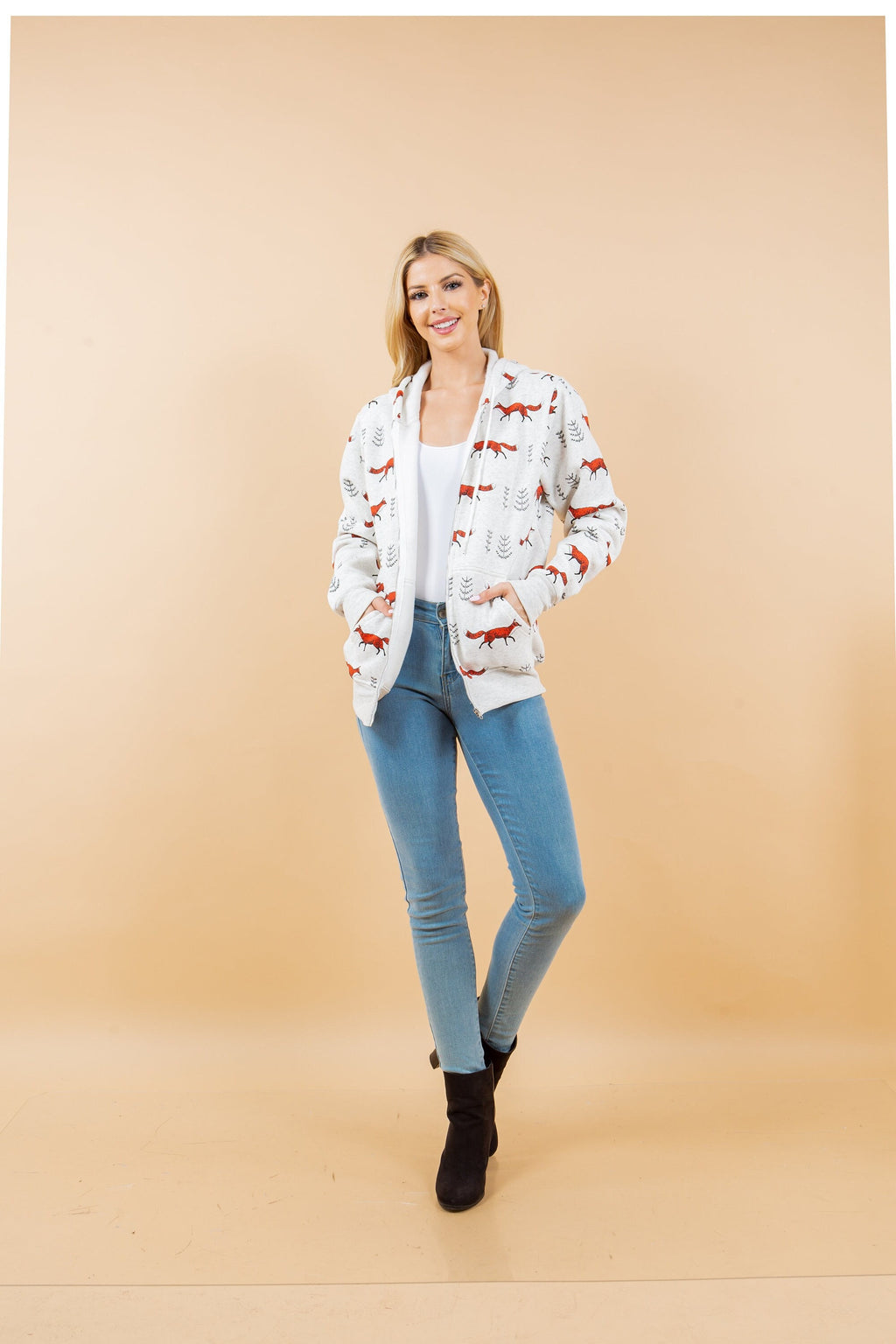 Fox Print Fleece Hoodie: Women's Cotton-Blend Animal Zippered Sweatshirt