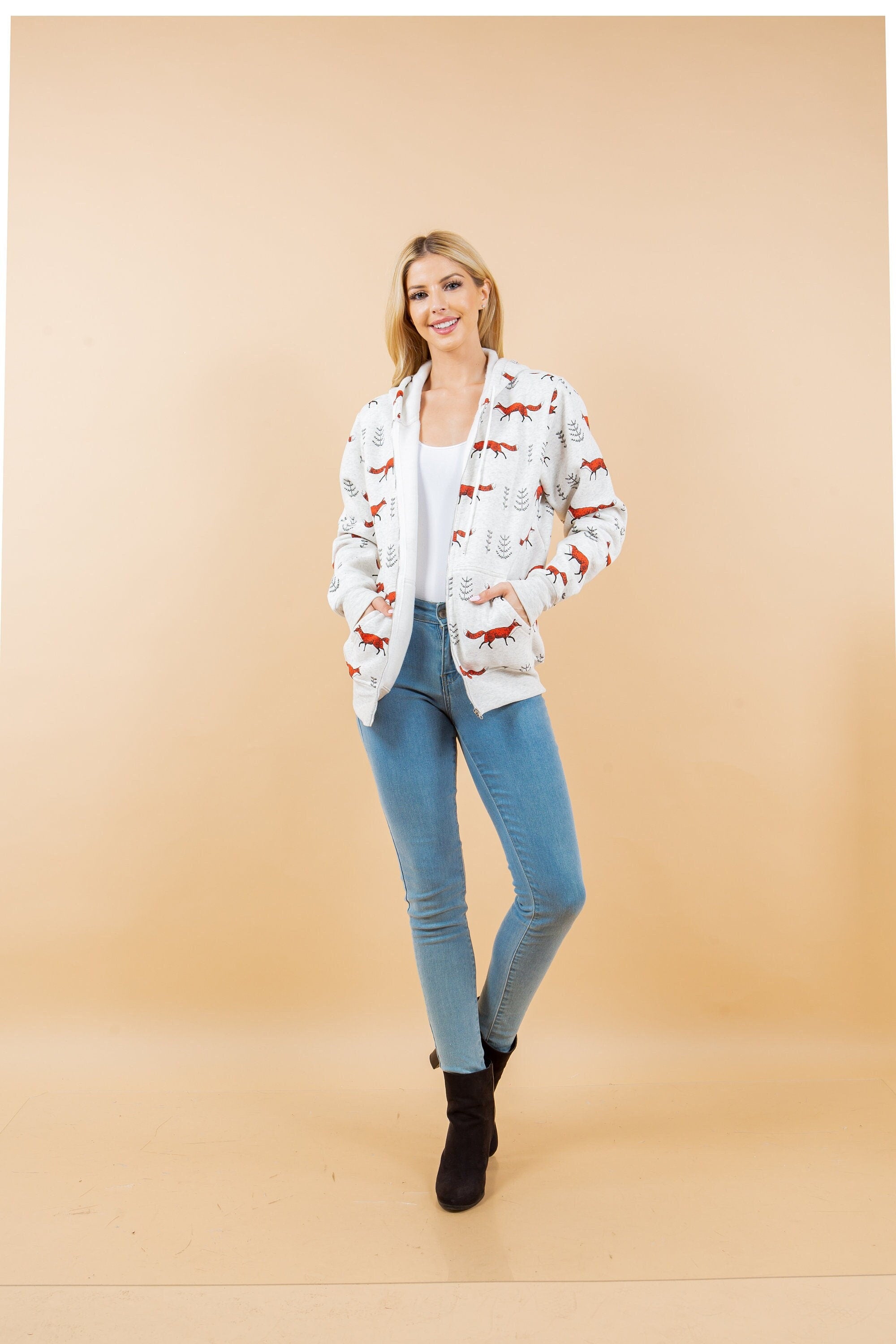 Fox Print Fleece Hoodie: Women's Cotton-Blend Animal Zippered Sweatshirt