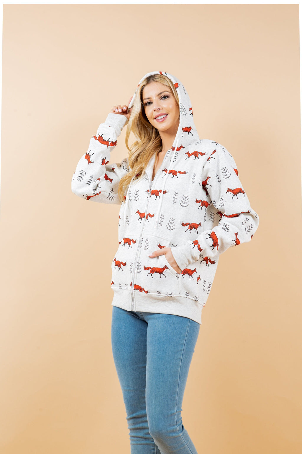Fox Print Fleece Hoodie: Women's Cotton-Blend Animal Zippered Sweatshirt