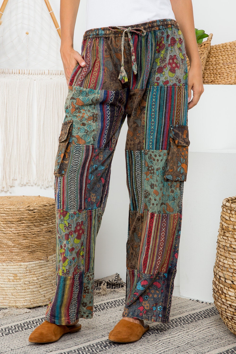 100% Cotton Mushroom Patchwork Pant with 5 Pockets | Unisex Cargo Pants | S/M, M/L | Made in Nepal