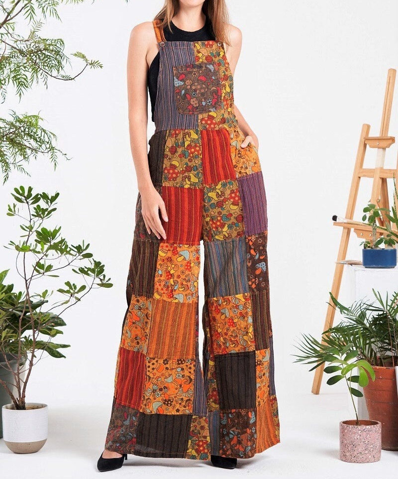 100% Cotton Mushroom Print Unique One of a Kind Patchwork Unisex Overalls | One Size Fits All | S, M, L, XL | 3 Adjustable Lengths