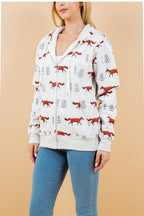 Fox Print Fleece Hoodie: Women's Cotton-Blend Animal Zippered Sweatshirt