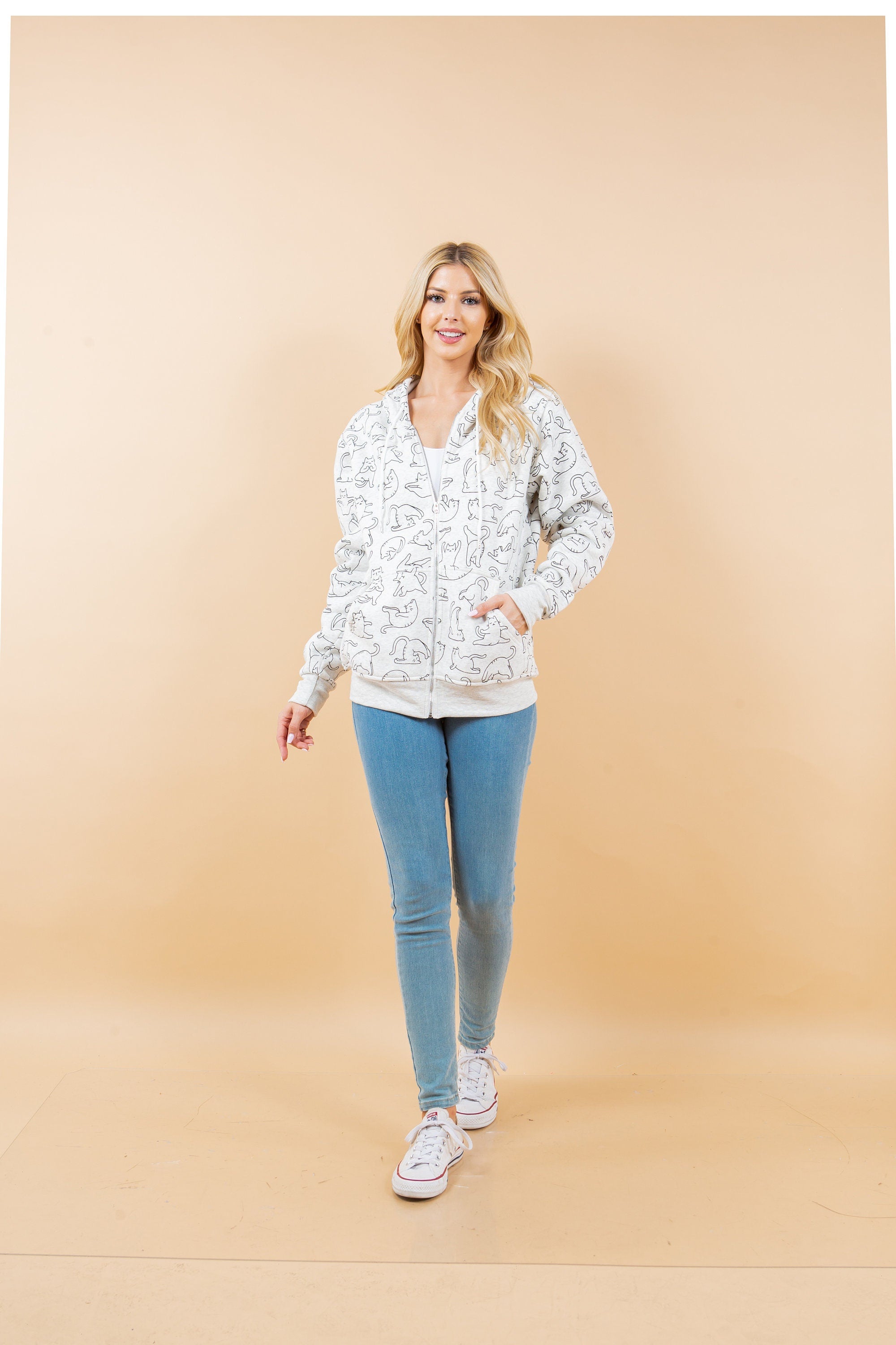 Yoga Cat Print Hoodie: Cotton-Blend Fleece Jacket
