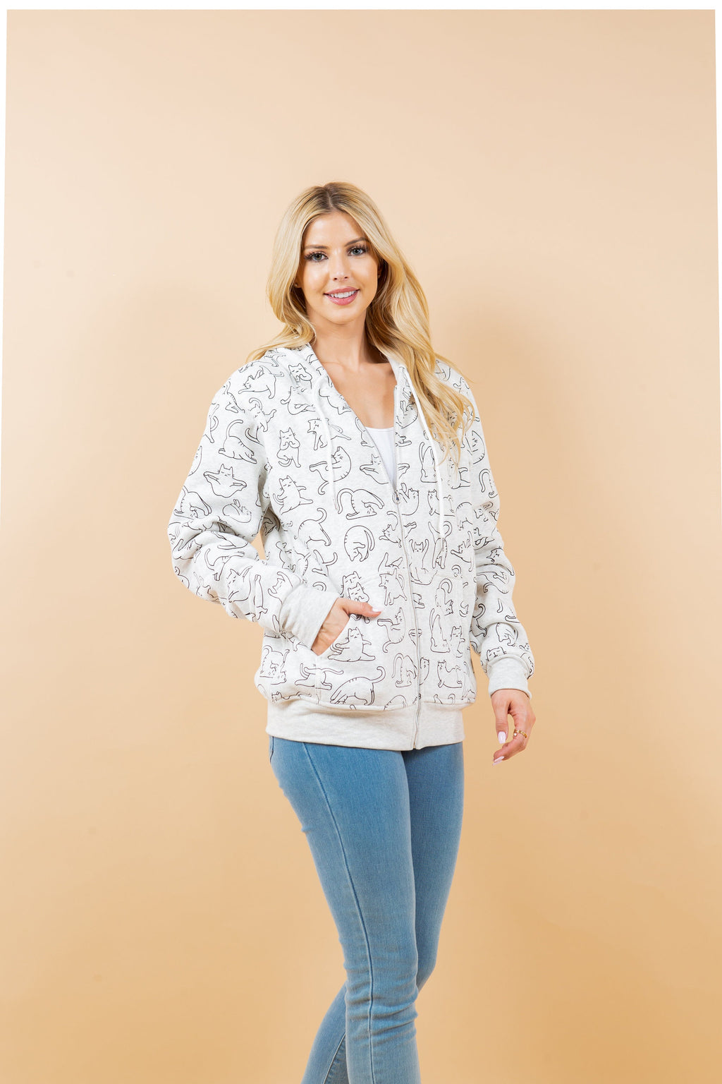 Yoga Cat Print Hoodie: Cotton-Blend Fleece Jacket