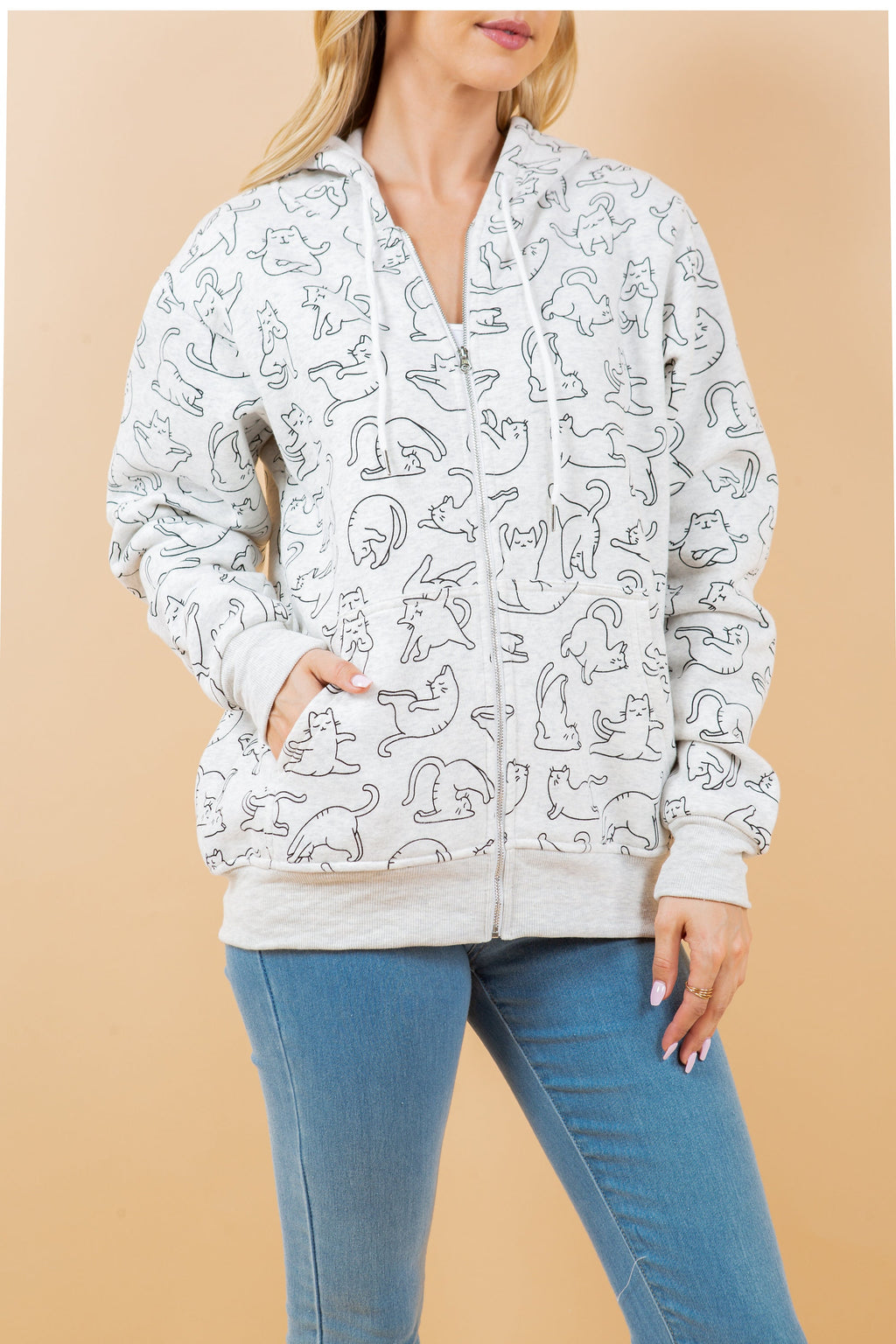 Yoga Cat Print Hoodie: Cotton-Blend Fleece Jacket