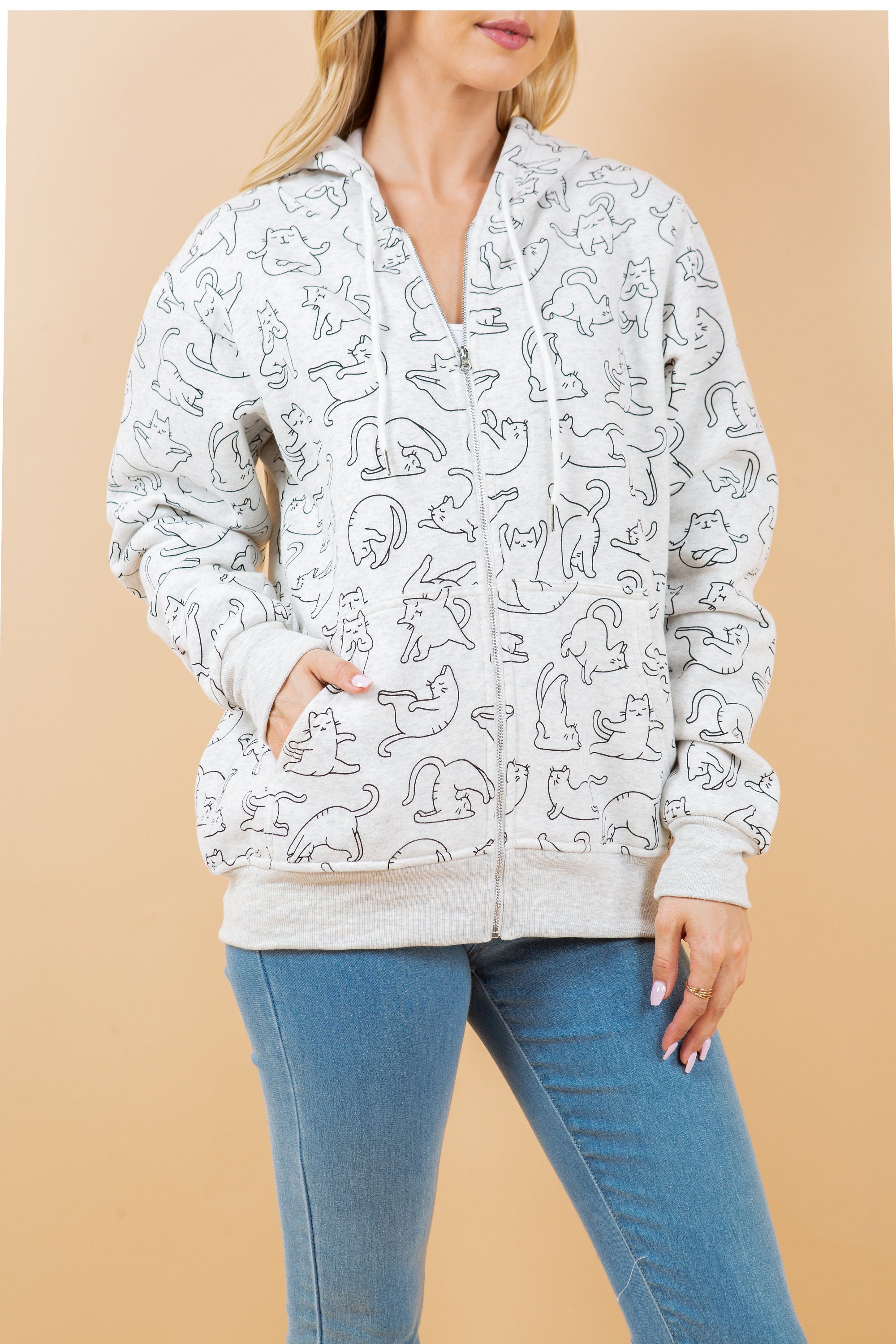 Yoga Cat Print Hoodie: Cotton-Blend Fleece Jacket