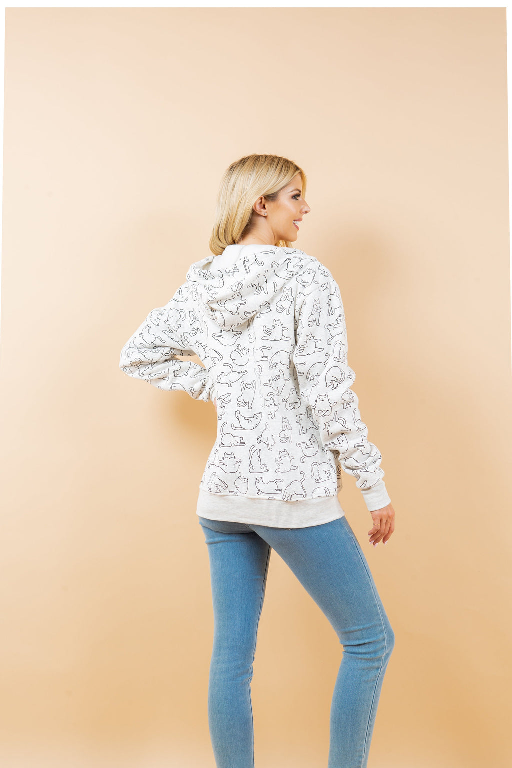 Yoga Cat Print Hoodie: Cotton-Blend Fleece Jacket