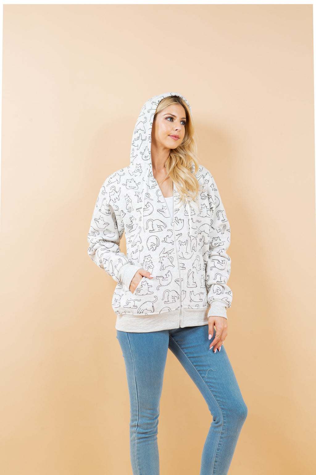 Yoga Cat Print Hoodie: Cotton-Blend Fleece Jacket