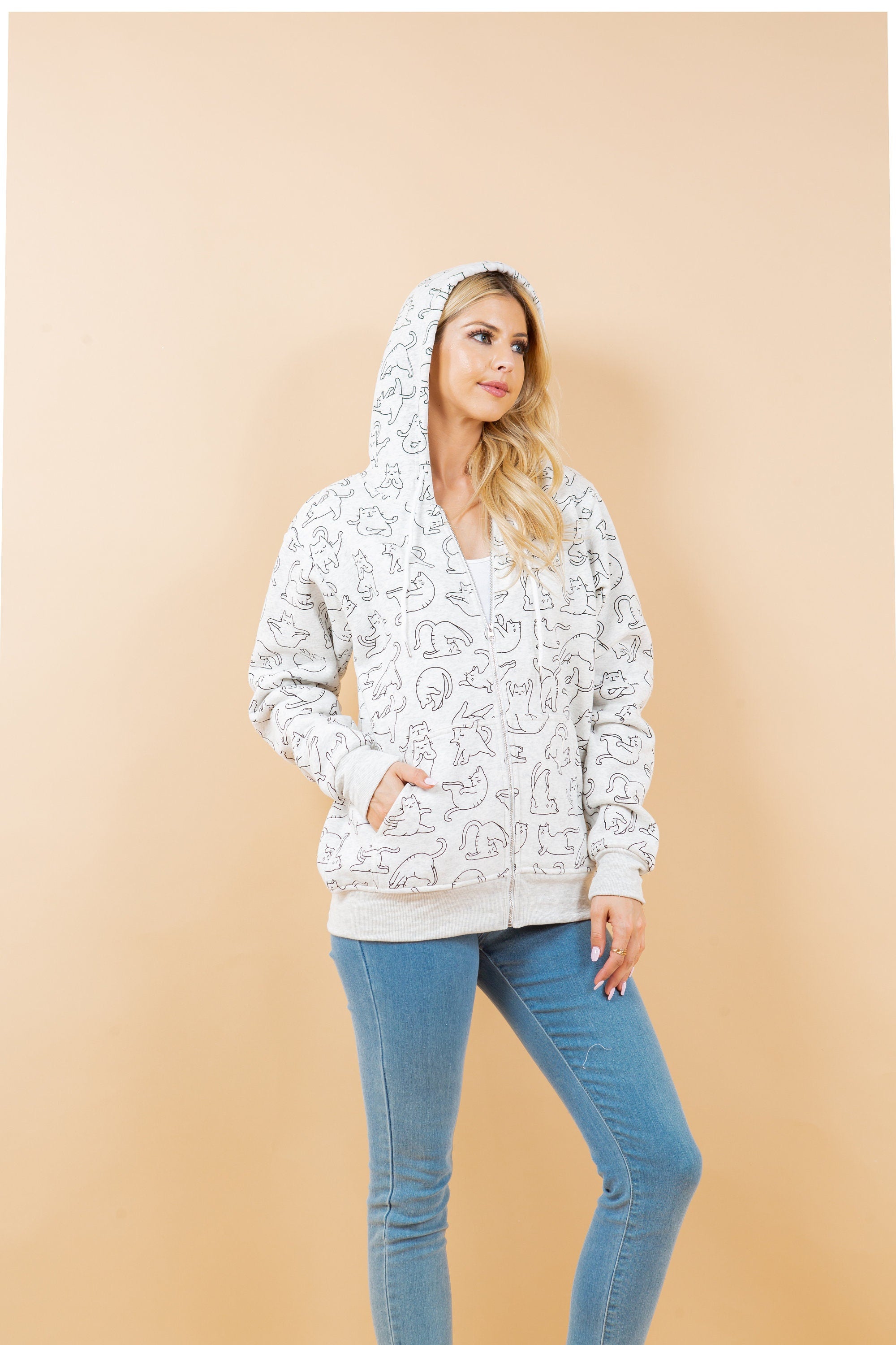 Yoga Cat Print Hoodie: Cotton-Blend Fleece Jacket