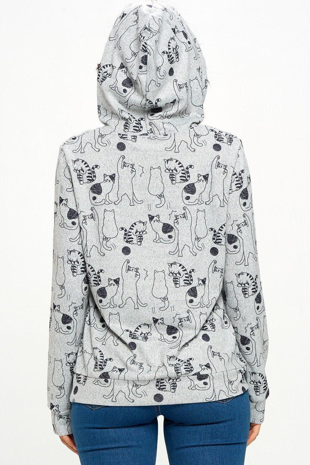 Lightweight Zip-Up Cat Hoodie with Multi Dancing Cat Design