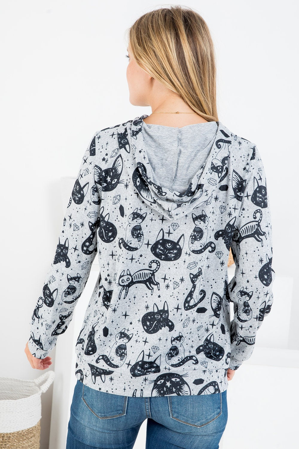 Enchanting Felines: Cat & Crystal Design Zip-Up Hoodie, Holiday Sweaters, Cat Mom Gift