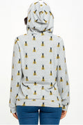 Golden Bee Print Zip-Up Hoodie: Lightweight Grey Cotton Blend