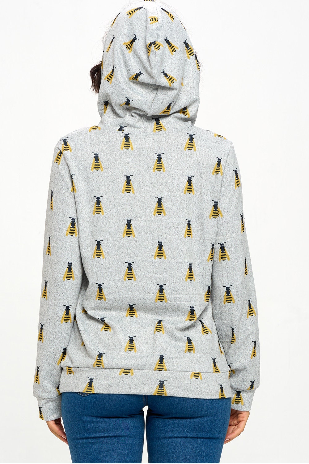 Golden Bee Print Zip-Up Hoodie: Lightweight Grey Cotton Blend
