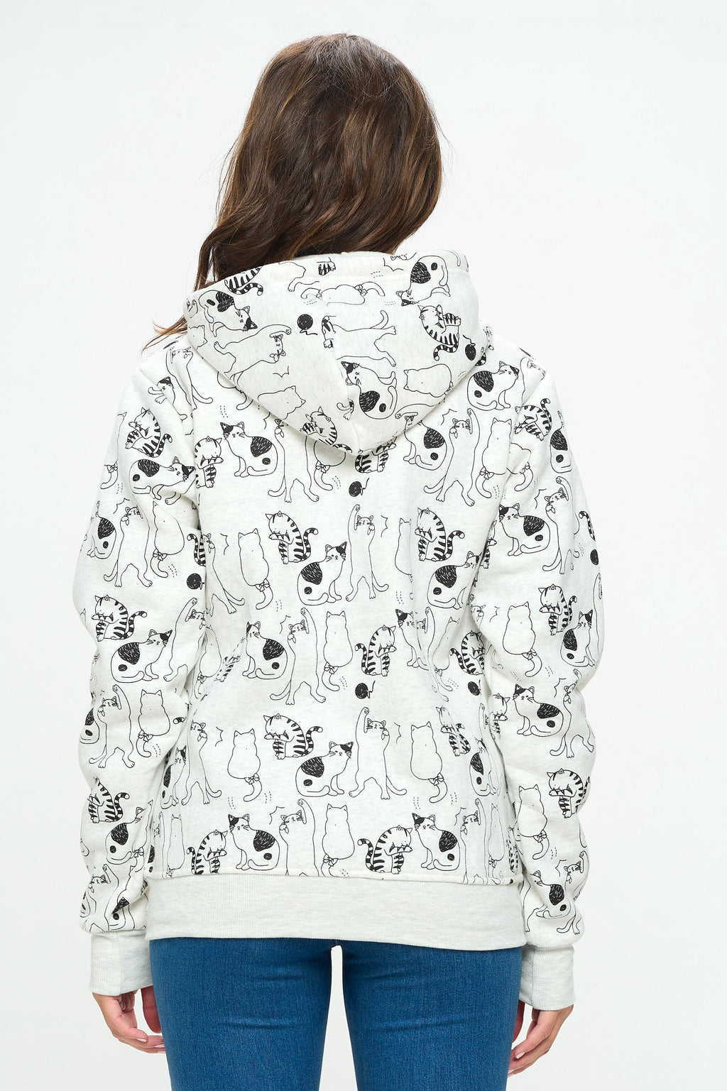 Cat Print Fleece Women's Hoodie: Comfy Cotton-Blend Zip-Up