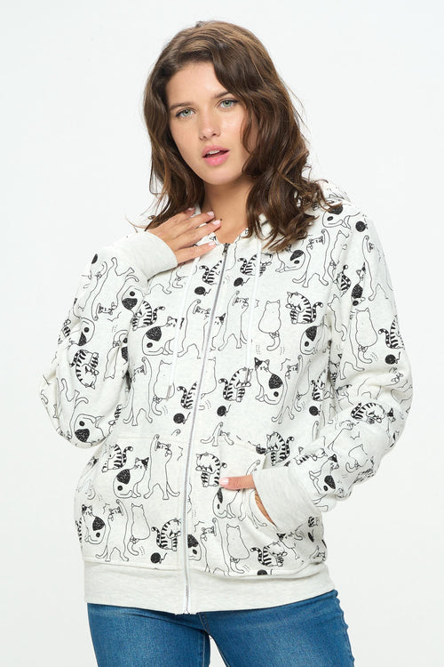 Cat Print Fleece Women's Hoodie: Comfy Cotton-Blend Zip-Up