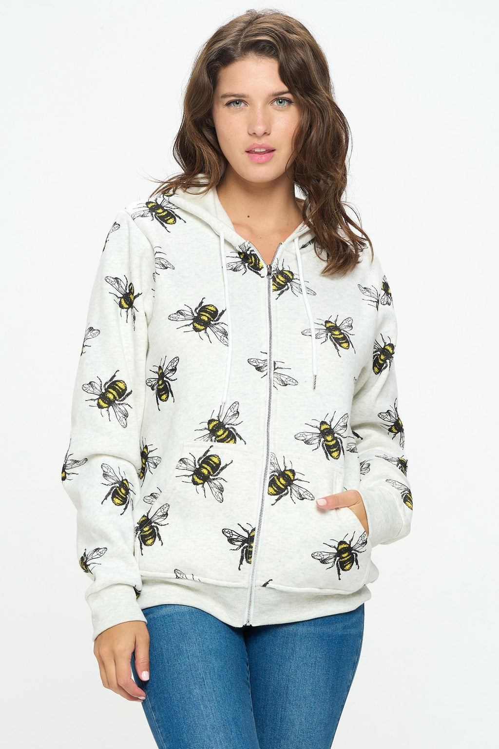 Queen Bee Print Hoodie: Soft Fleece Zip-Up, Animal Lover Gift
