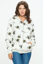 Queen Bee Print Hoodie: Soft Fleece Zip-Up, Animal Lover Gift