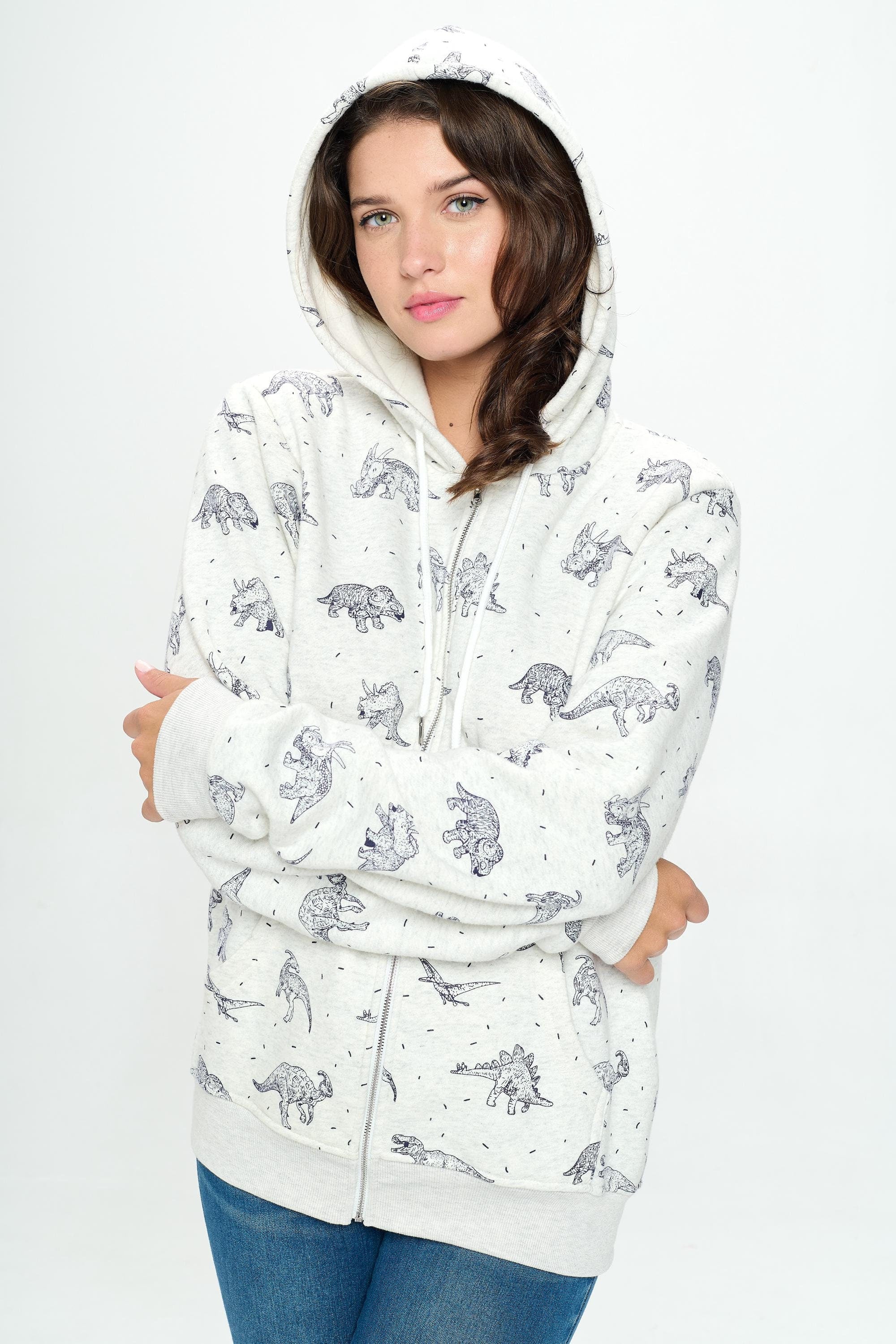 Dinosaur Print Women's Zip Up Hoodie: Soft Fleece Cotton-Poly Blend
