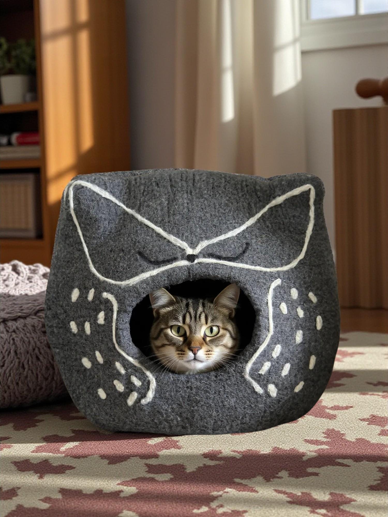 Premium Cat Cave/Bed - Soft Merino Wool, Cozy Round Design Felt - Modern Pet Bed - Wool Cat Bed - Handmade Cat Cave - Free Shipping