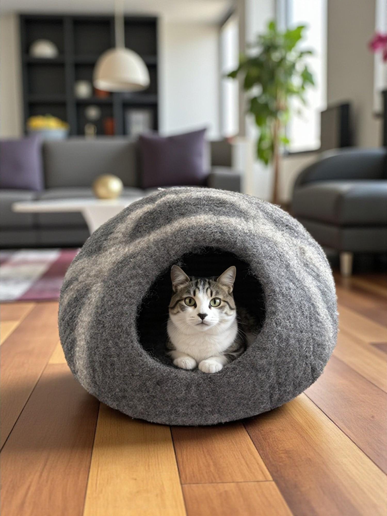Premium Cat Cave/Bed - Soft Merino Wool, Cozy Round Design Felt - Modern Pet Bed - Wool Cat Bed - Handmade Cat Cave - Free Shipping