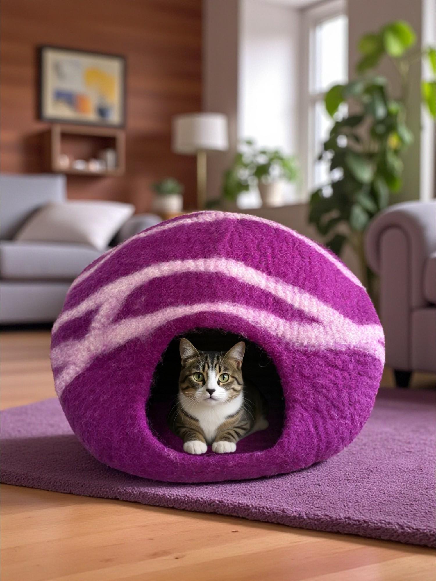 Premium Cat Cave/Bed - Soft Merino Wool, Cozy Round Design Felt - Modern Pet Bed - Wool Cat Bed - Handmade Cat Cave - Free Shipping