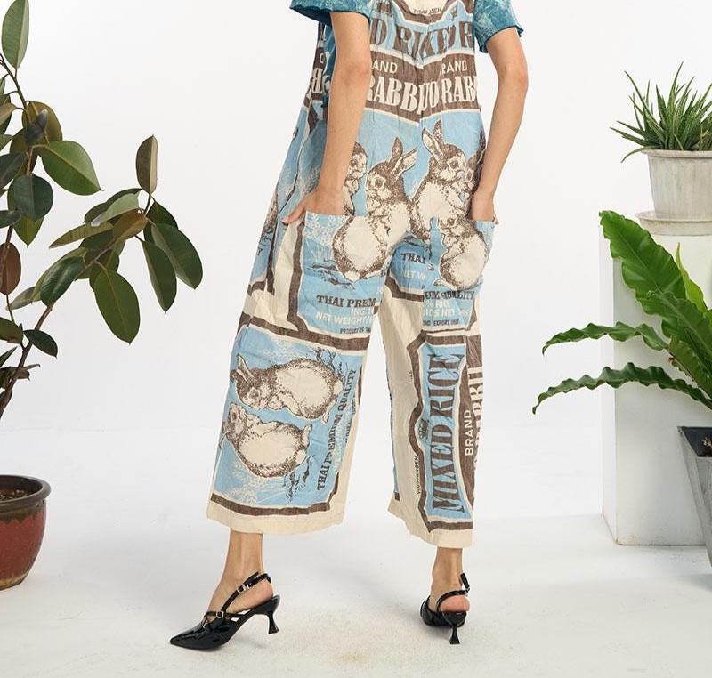 Rabbit Rice Vintage FeedSack Print Cotton Overalls - 100% Cotton - Two Sizes Available