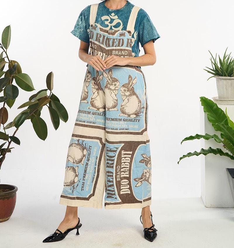 Rabbit Rice Vintage FeedSack Print Cotton Overalls - 100% Cotton - Two Sizes Available