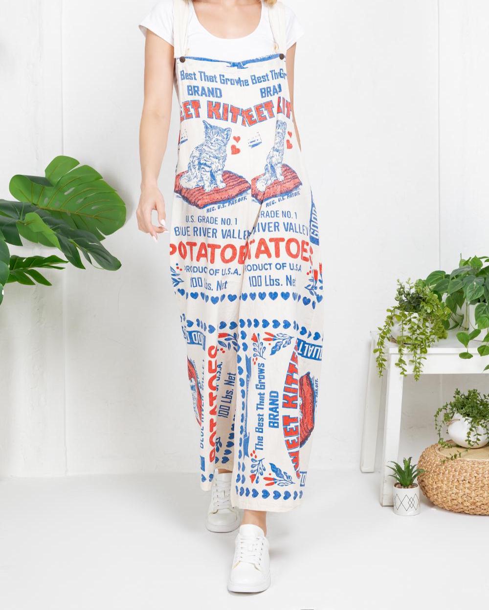 Sweet Kitten Vintage FeedSack Print Cotton Overalls - 100% Cotton - Two Sizes Available