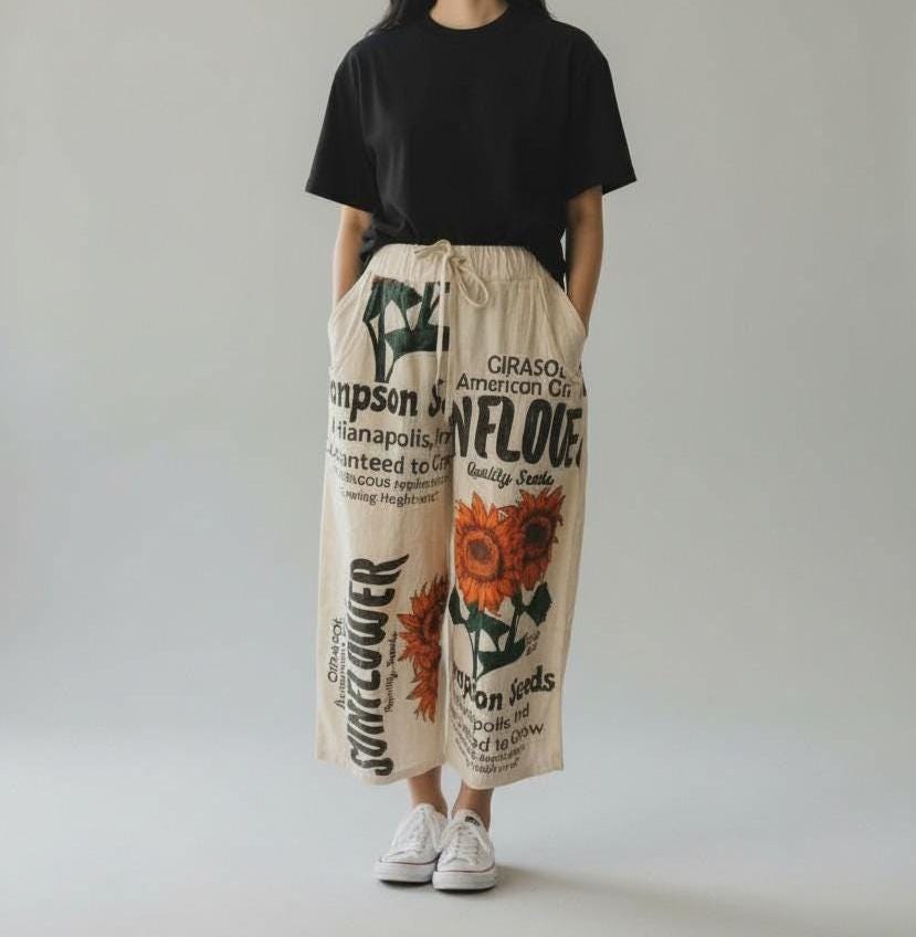 Sunflower Vintage Sack Print Cotton Wide-Leg - 100% Cotton - One Size