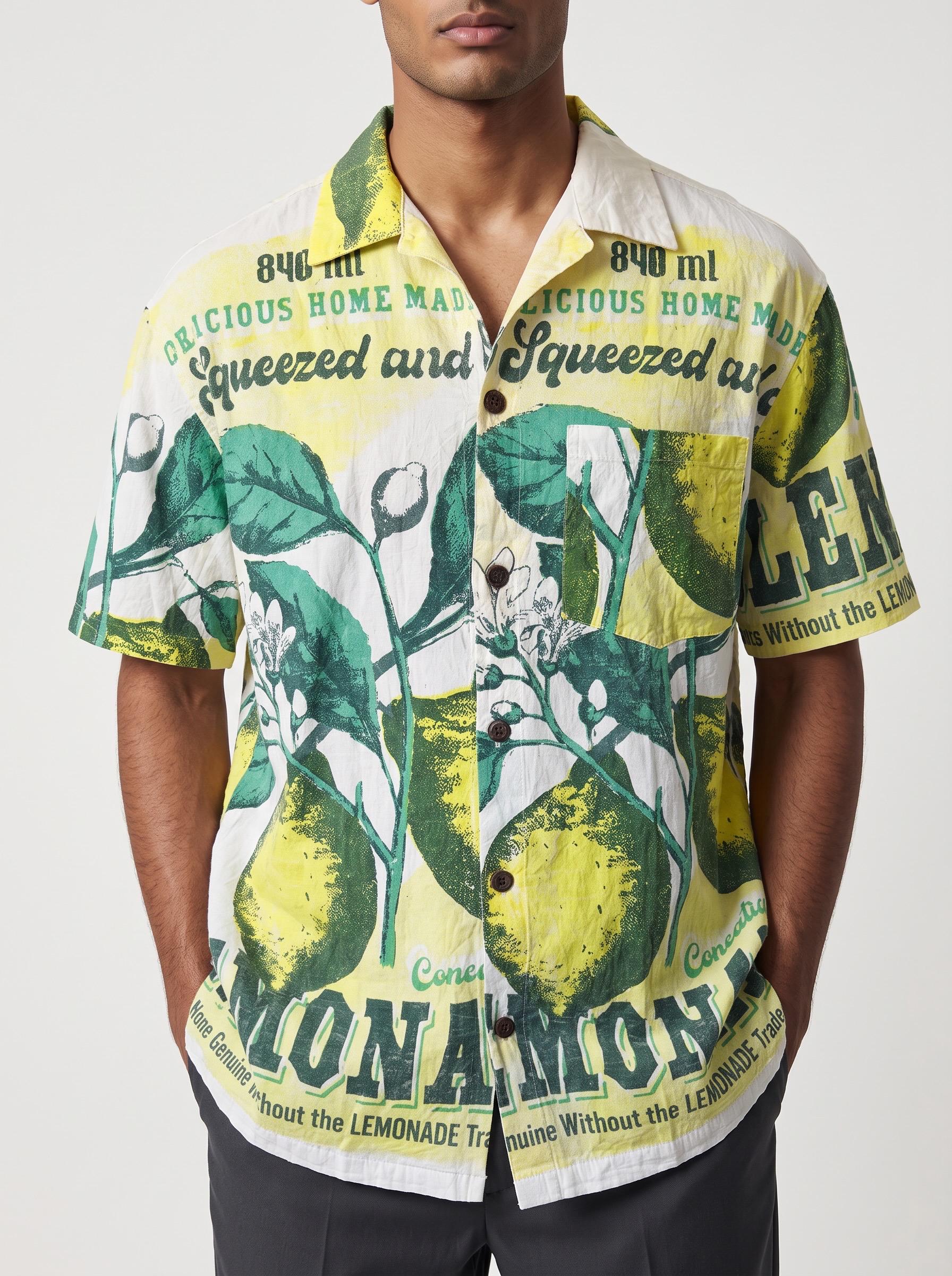 UNISEX Lemon Seeds Vintage FeedSack Print Short Sleeve Button-Down Shirt – 100% Cotton (M / L / XL)
