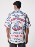 UNISEX Sweet Kitten Cat Vintage FeedSack Print Short Sleeve Button-Down Shirt – 100% Cotton (M / L / XL)