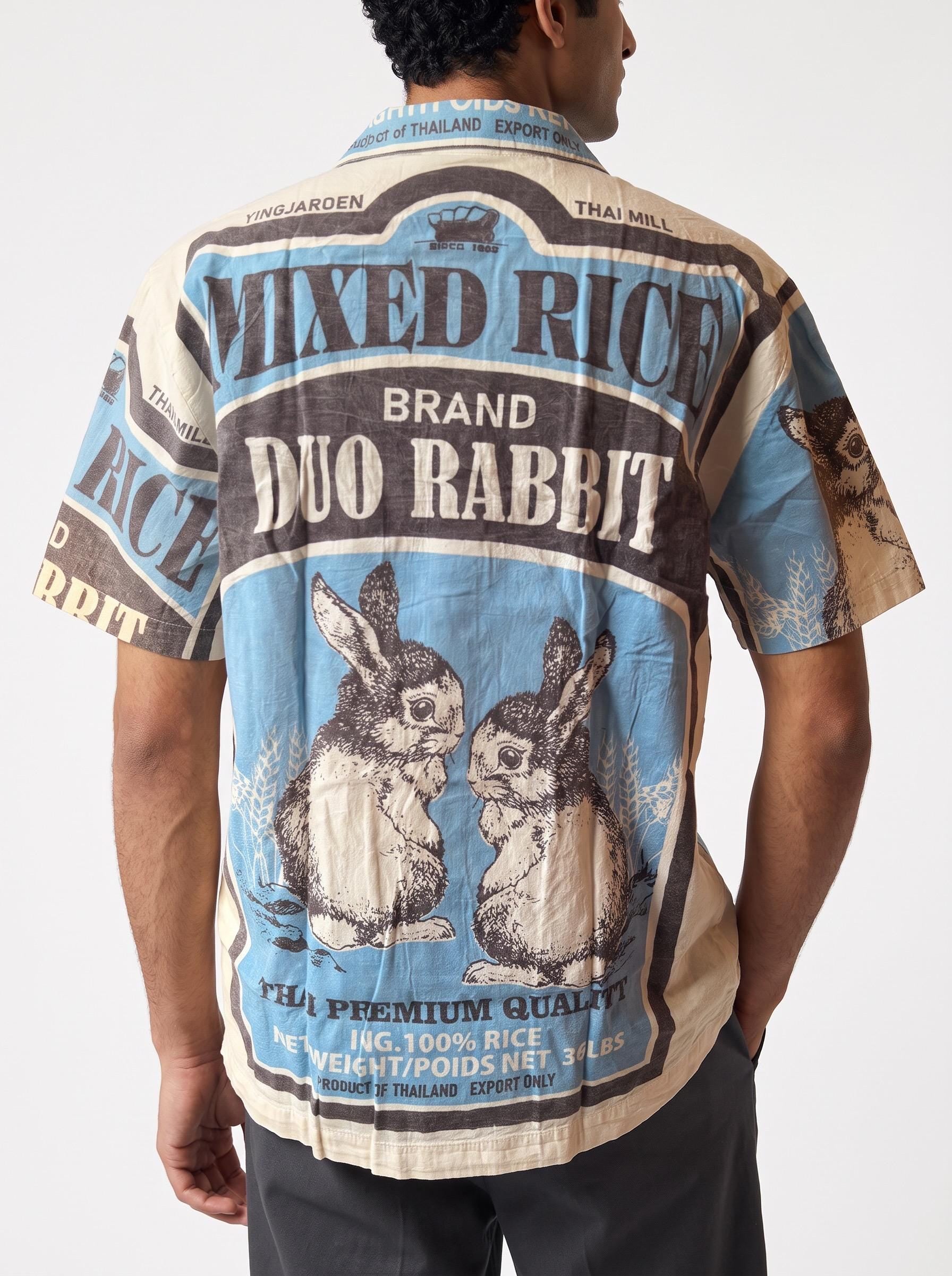UNISEX Rabbit Seeds Vintage FeedSack Print Short Sleeve Button-Down Shirt – 100% Cotton (M / L / XL)