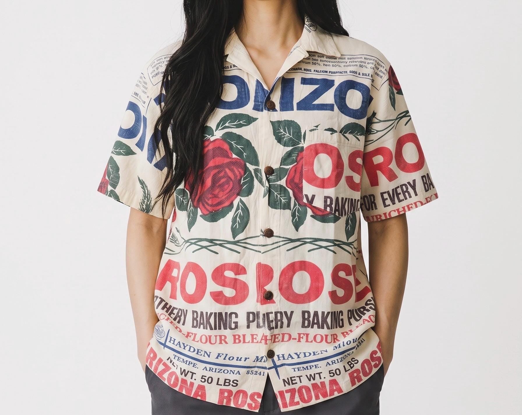 UNISEX Rose Seeds Arizona Vintage FeedSack Print Short Sleeve Button-Down Shirt – 100% Cotton (M / L / XL)