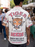 UNISEX Tiger Seeds Vintage FeedSack Print Short Sleeve Button-Down Shirt – 100% Cotton (M / L / XL)