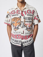 UNISEX Tiger Seeds Vintage FeedSack Print Short Sleeve Button-Down Shirt – 100% Cotton (M / L / XL)