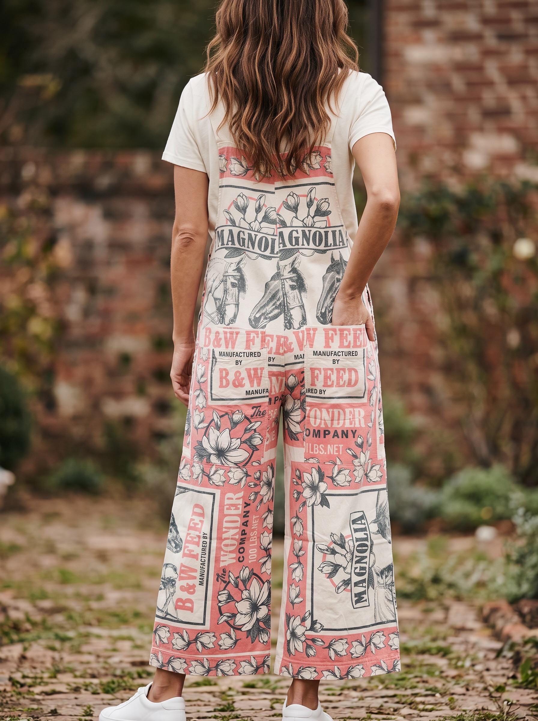 Magnolia Horse Vintage Flour Sack Print Cotton Overalls - 100% Cotton Jumpsuit