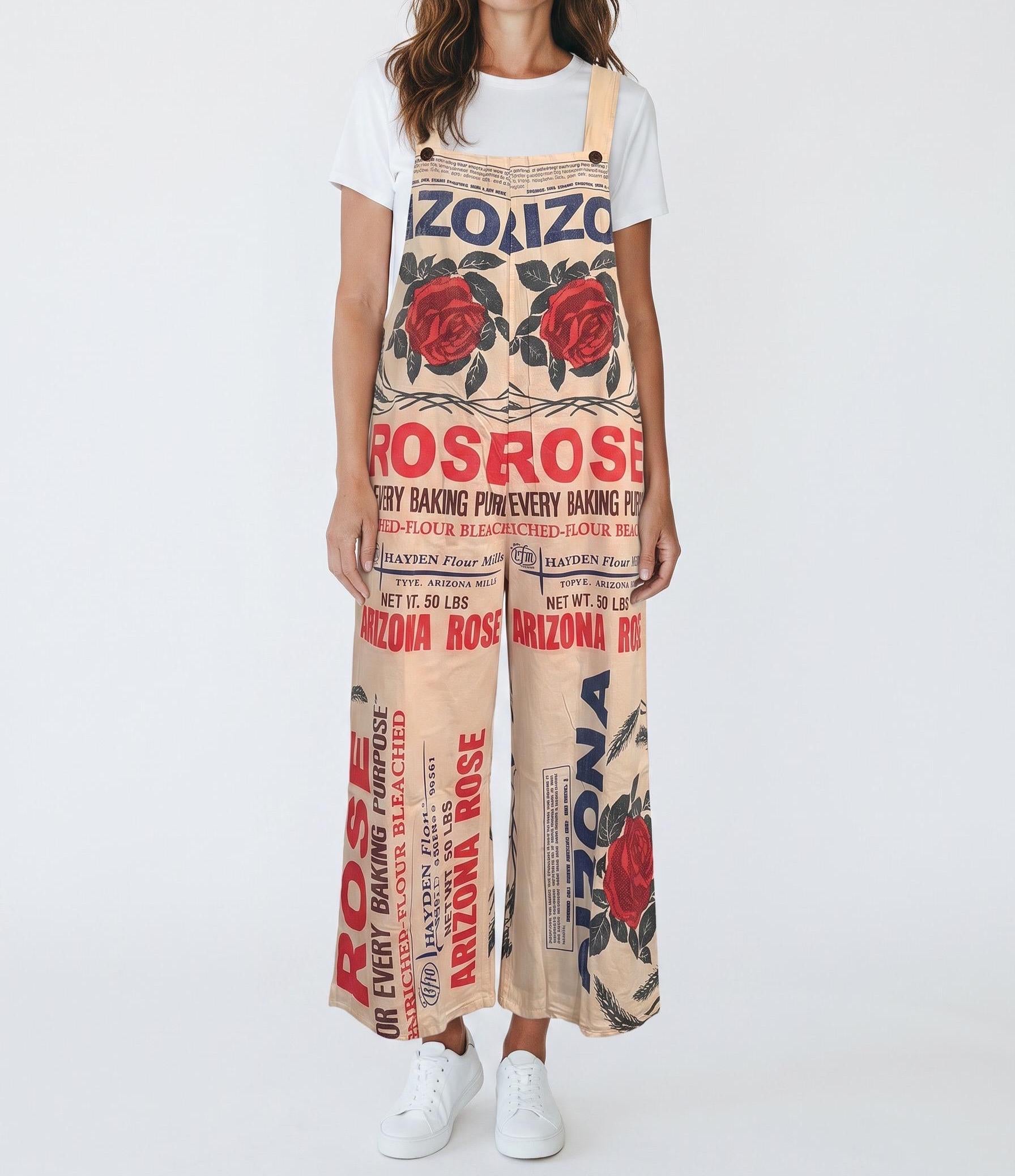 Arizona Rose Vintage Flour Sack Print Cotton Overalls - 100% Cotton Floral Jumpsuit