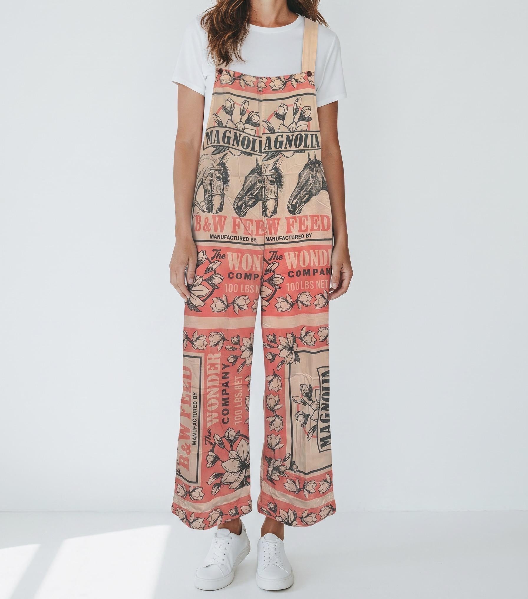 Magnolia Horse Vintage Flour Sack Print Cotton Overalls - 100% Cotton Jumpsuit