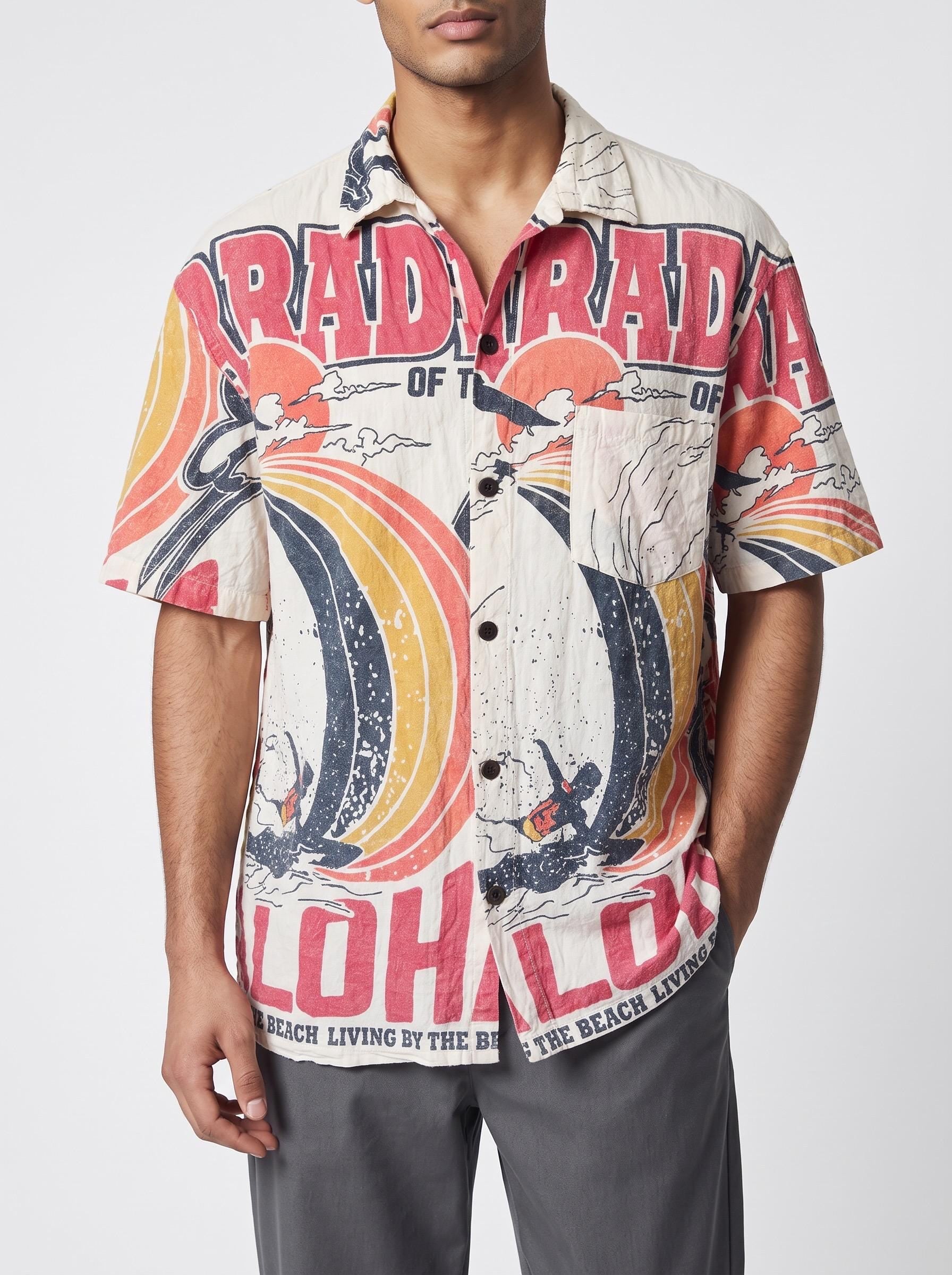 UNISEX Aloha Hawaiian Vintage FeedSack Print Short Sleeve Button-Down Shirt – 100% Cotton (M / L / XL)