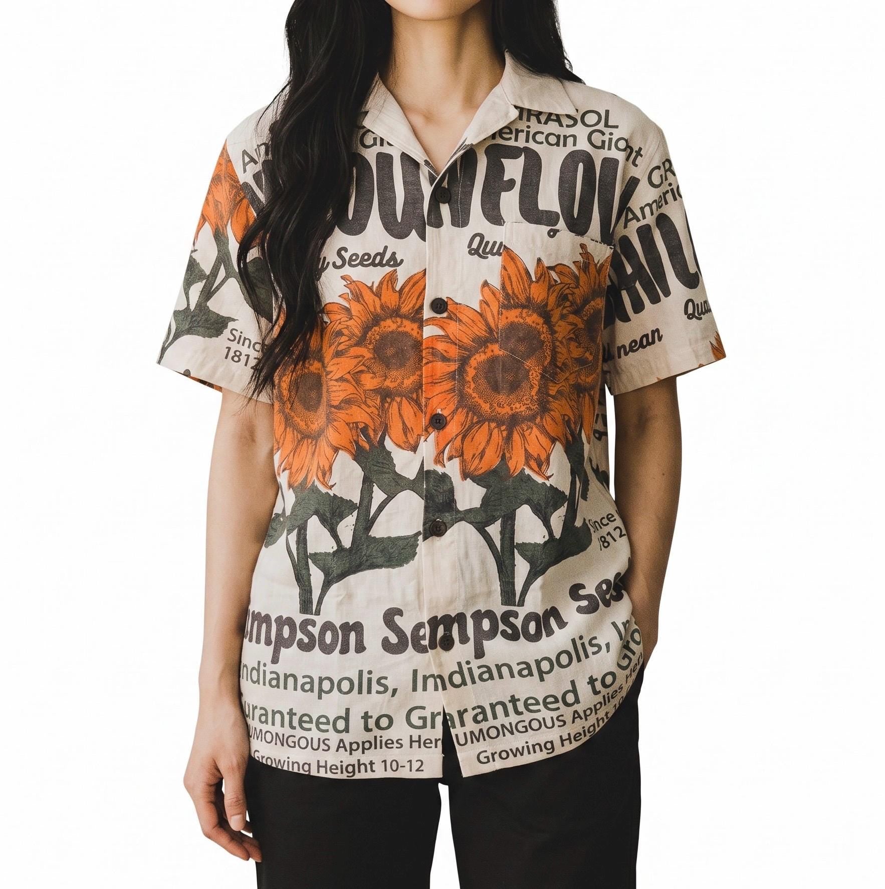 UNISEX Sunflower Seeds Vintage FeedSack Print Short Sleeve Button-Down Shirt – 100% Cotton (M / L / XL)