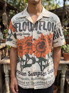 UNISEX Sunflower Seeds Vintage FeedSack Print Short Sleeve Button-Down Shirt – 100% Cotton (M / L / XL)