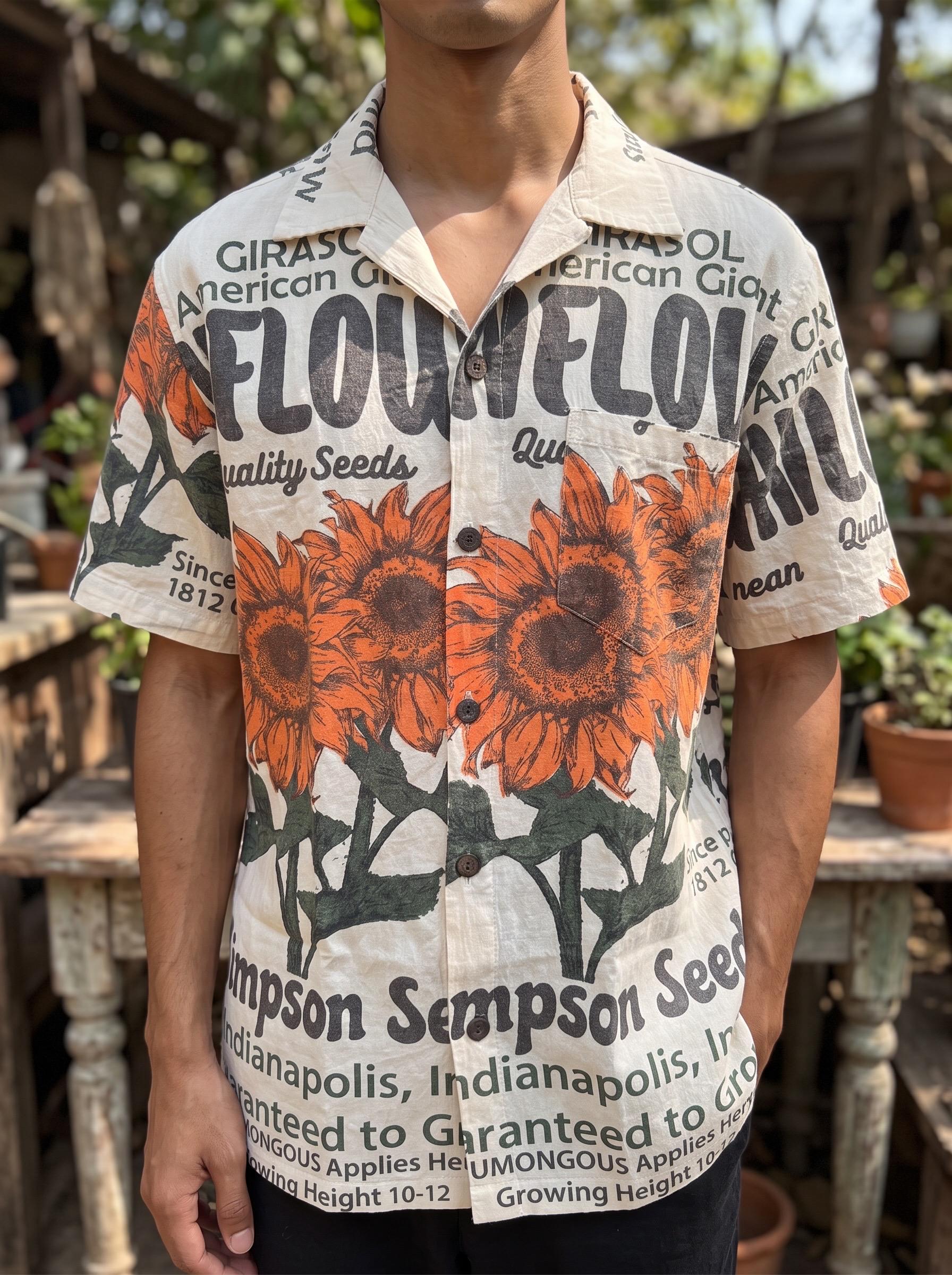 UNISEX Sunflower Seeds Vintage FeedSack Print Short Sleeve Button-Down Shirt – 100% Cotton (M / L / XL)