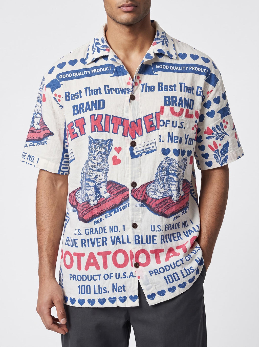 UNISEX Sweet Kitten Cat Vintage FeedSack Print Short Sleeve Button-Down Shirt – 100% Cotton (M / L / XL)