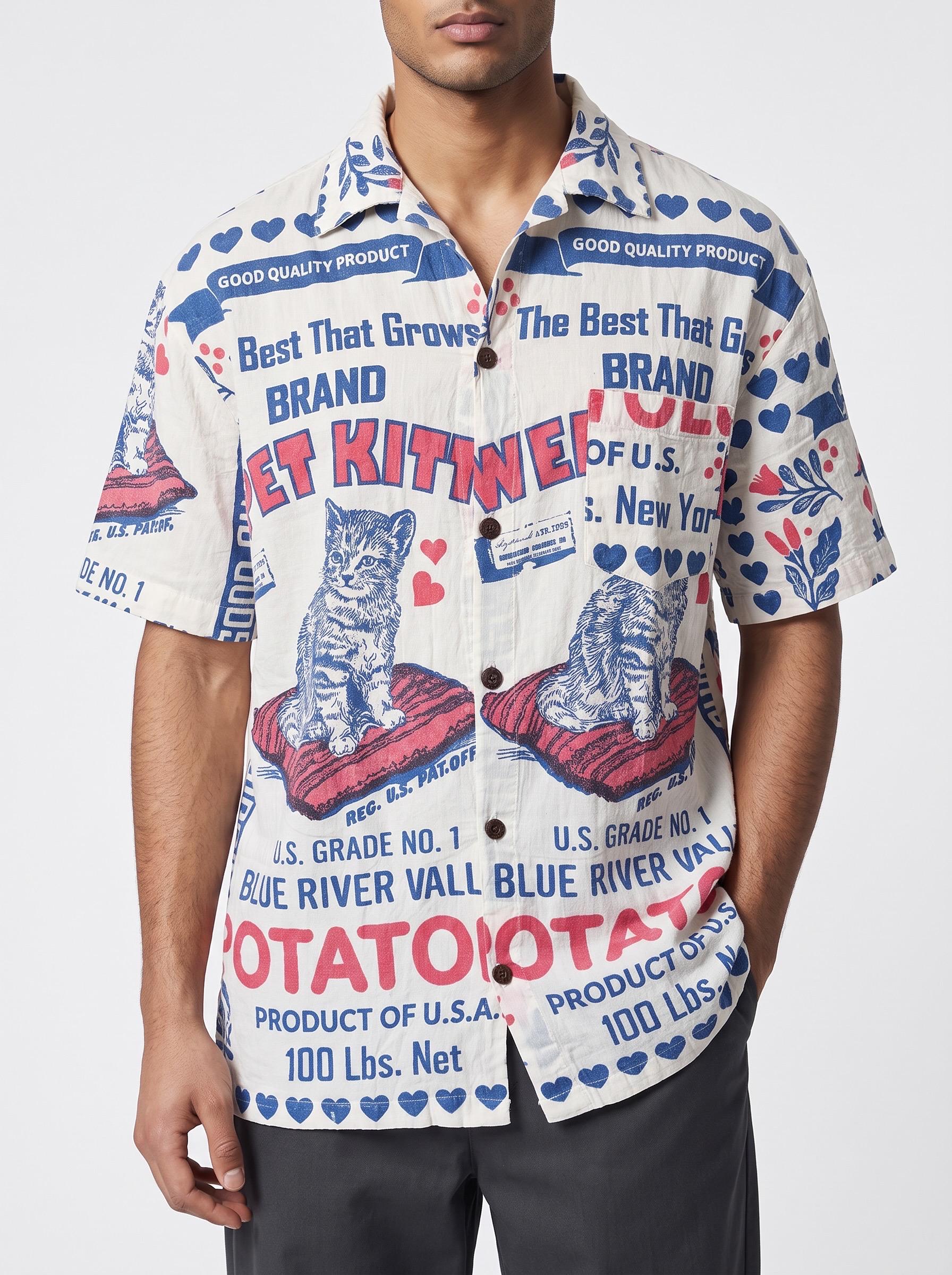 UNISEX Sweet Kitten Cat Vintage FeedSack Print Short Sleeve Button-Down Shirt – 100% Cotton (M / L / XL)