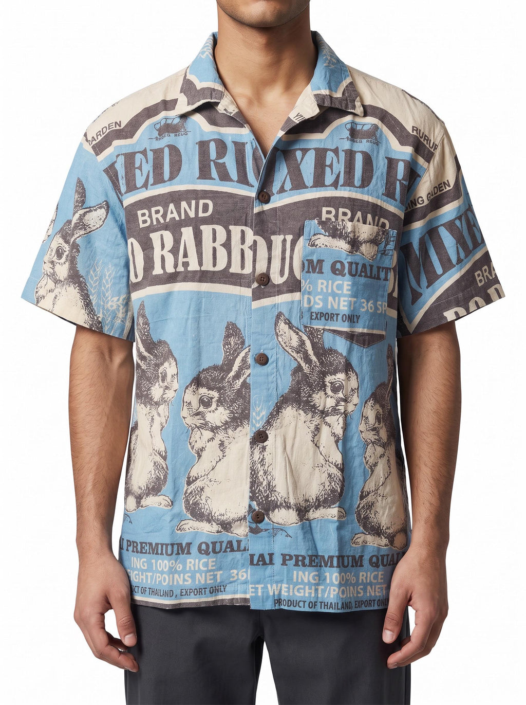 UNISEX Rabbit Seeds Vintage FeedSack Print Short Sleeve Button-Down Shirt – 100% Cotton (M / L / XL)