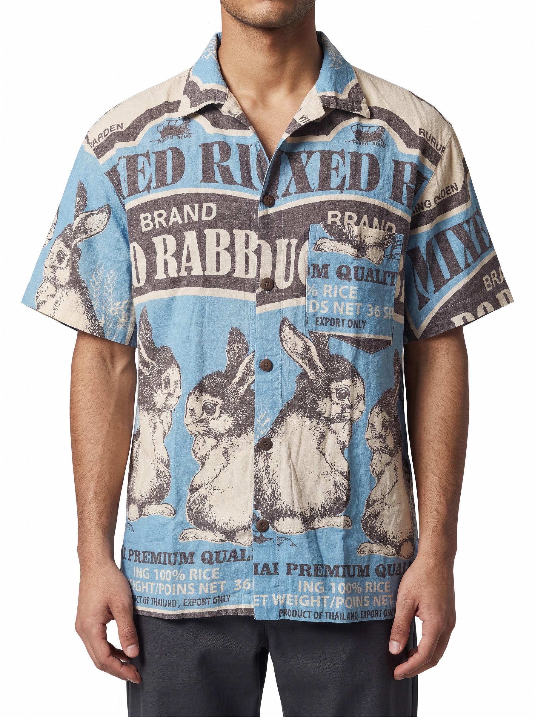 UNISEX Rabbit Seeds Vintage FeedSack Print Short Sleeve Button-Down Shirt – 100% Cotton (M / L / XL)